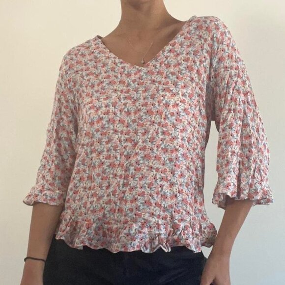 Cynthia Rowley women's S 100% viscose rose print ruffle sleeve & hem top EUC - Picture 1 of 7